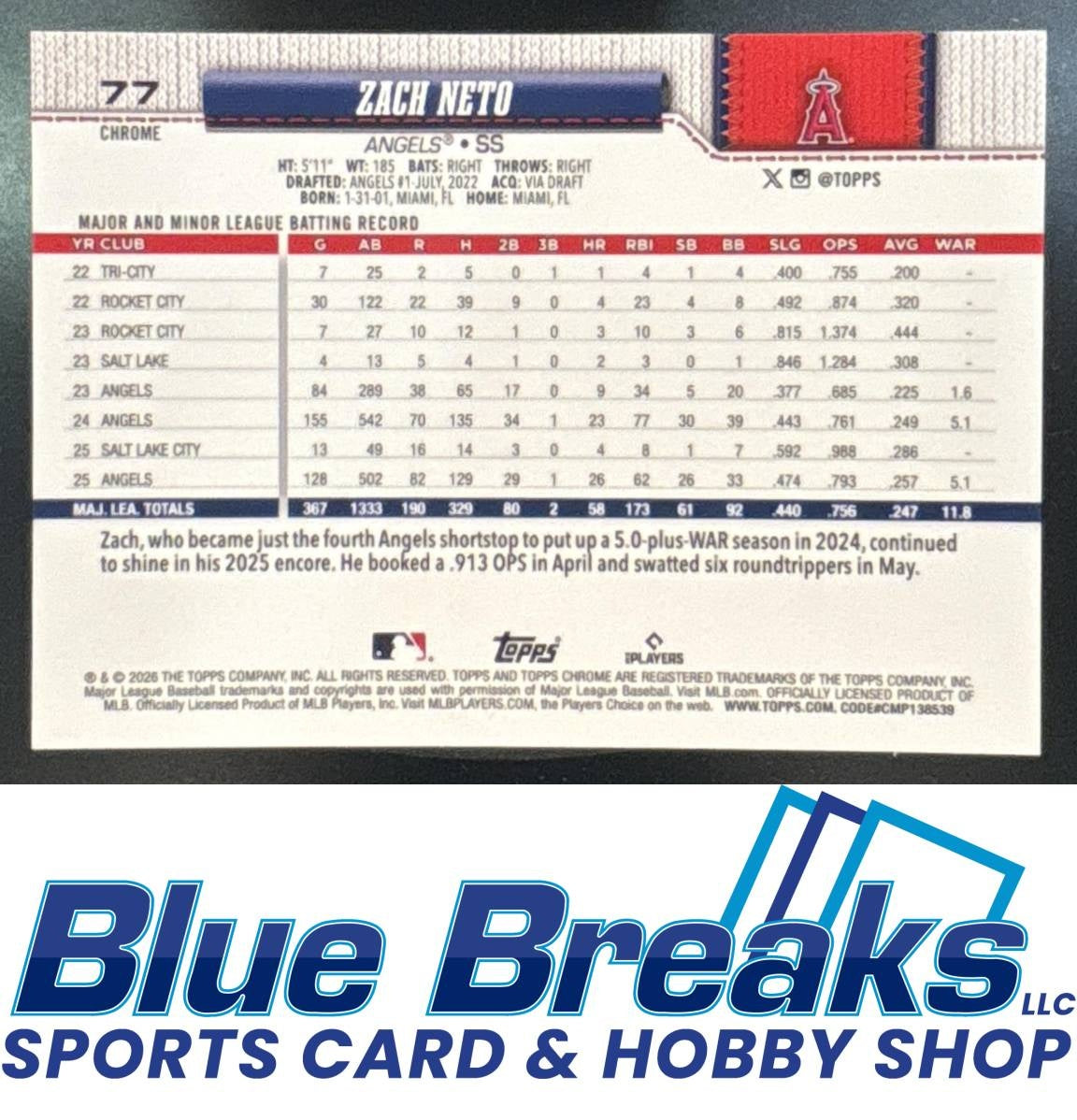 2026 Topps Chrome Negative Refractor Zach Neto -5/0 #77 Los Angeles Angels