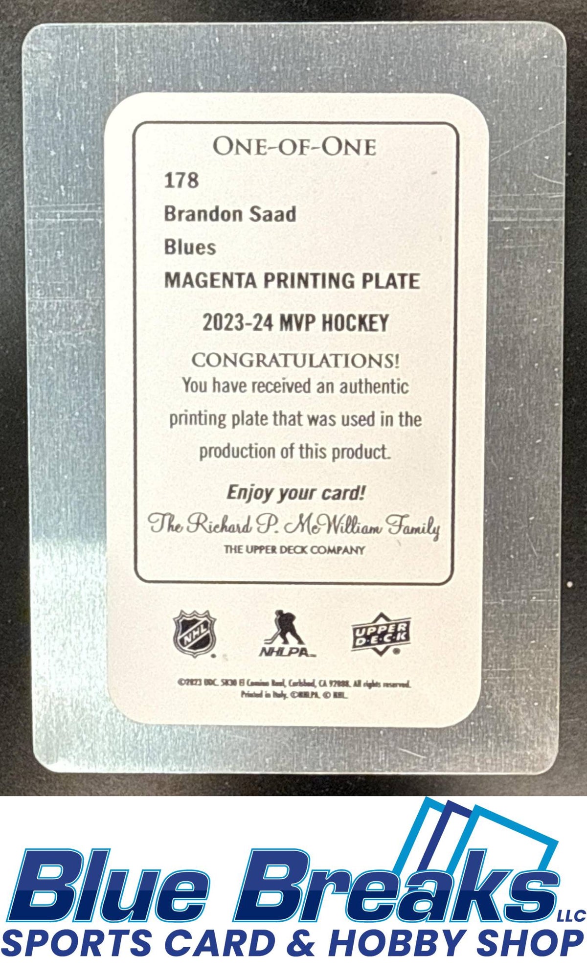2023 Upper Deck MVP Brandon Saad #178 Printing Plates Magenta 1/1 St. Louis Blues