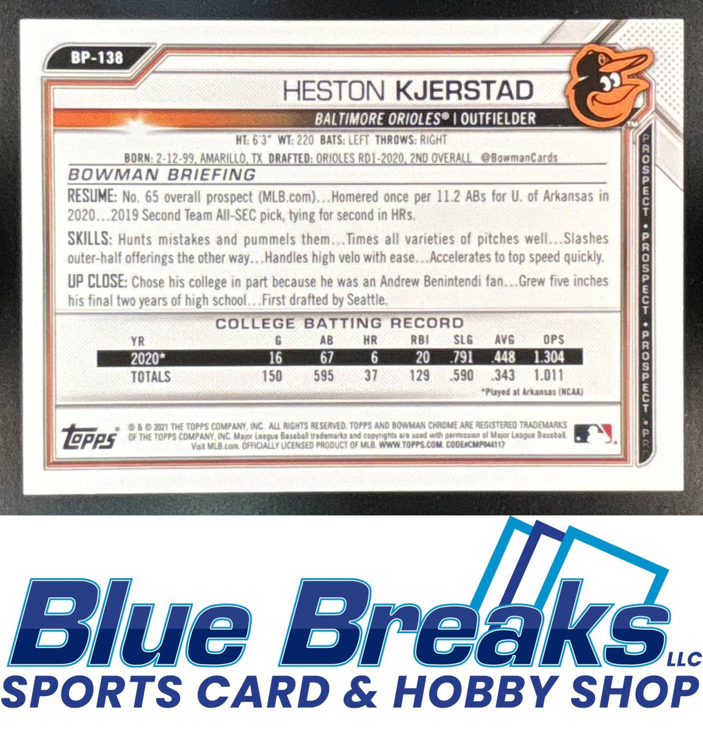 2021 Bowman Prospects Gold Heston Kjerstad 16/50 #BP-138 Baltimore Orioles