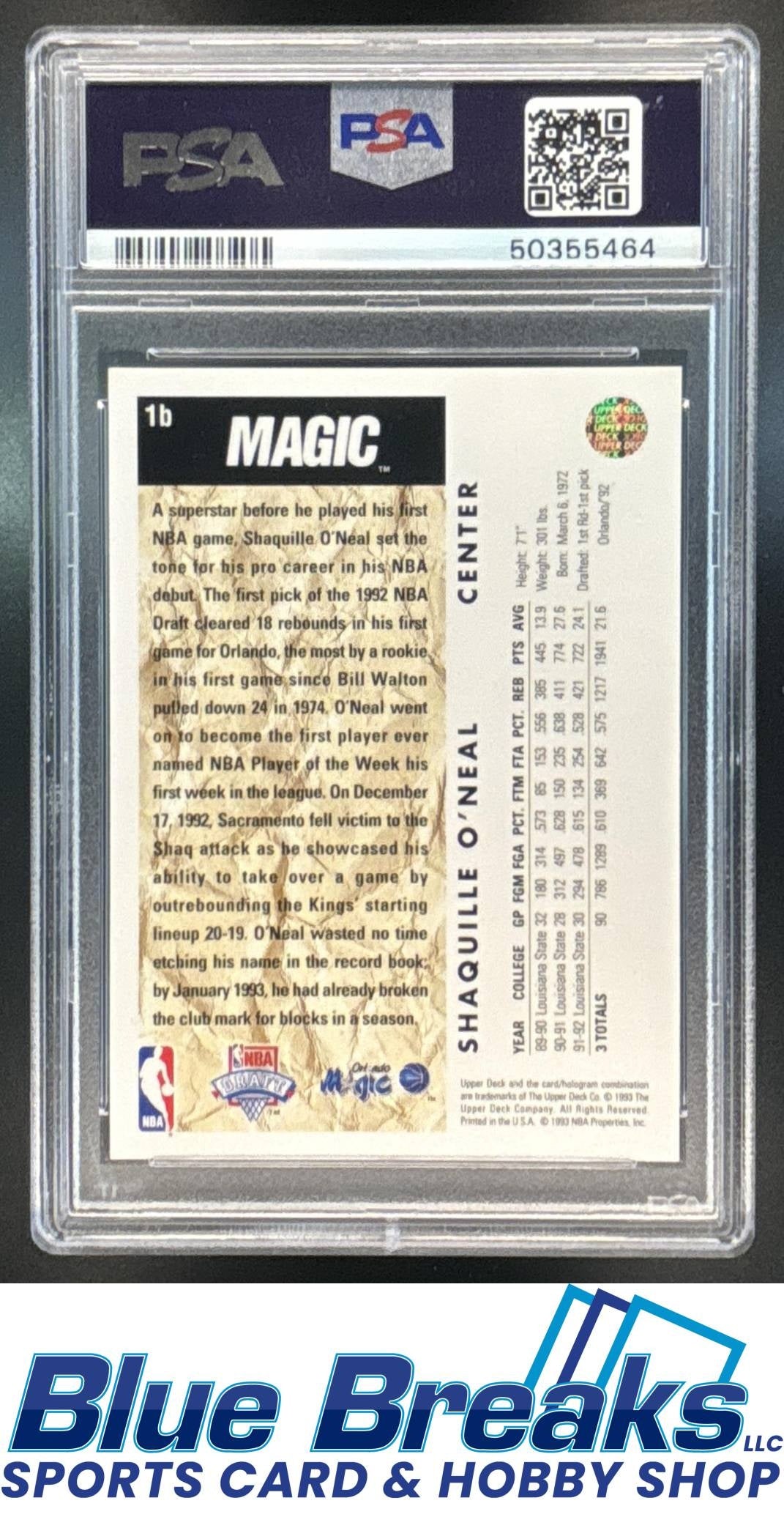 1992-93 Upper Deck Shaquille O'Neal #1b RC PSA 8.5 Orlando Magic