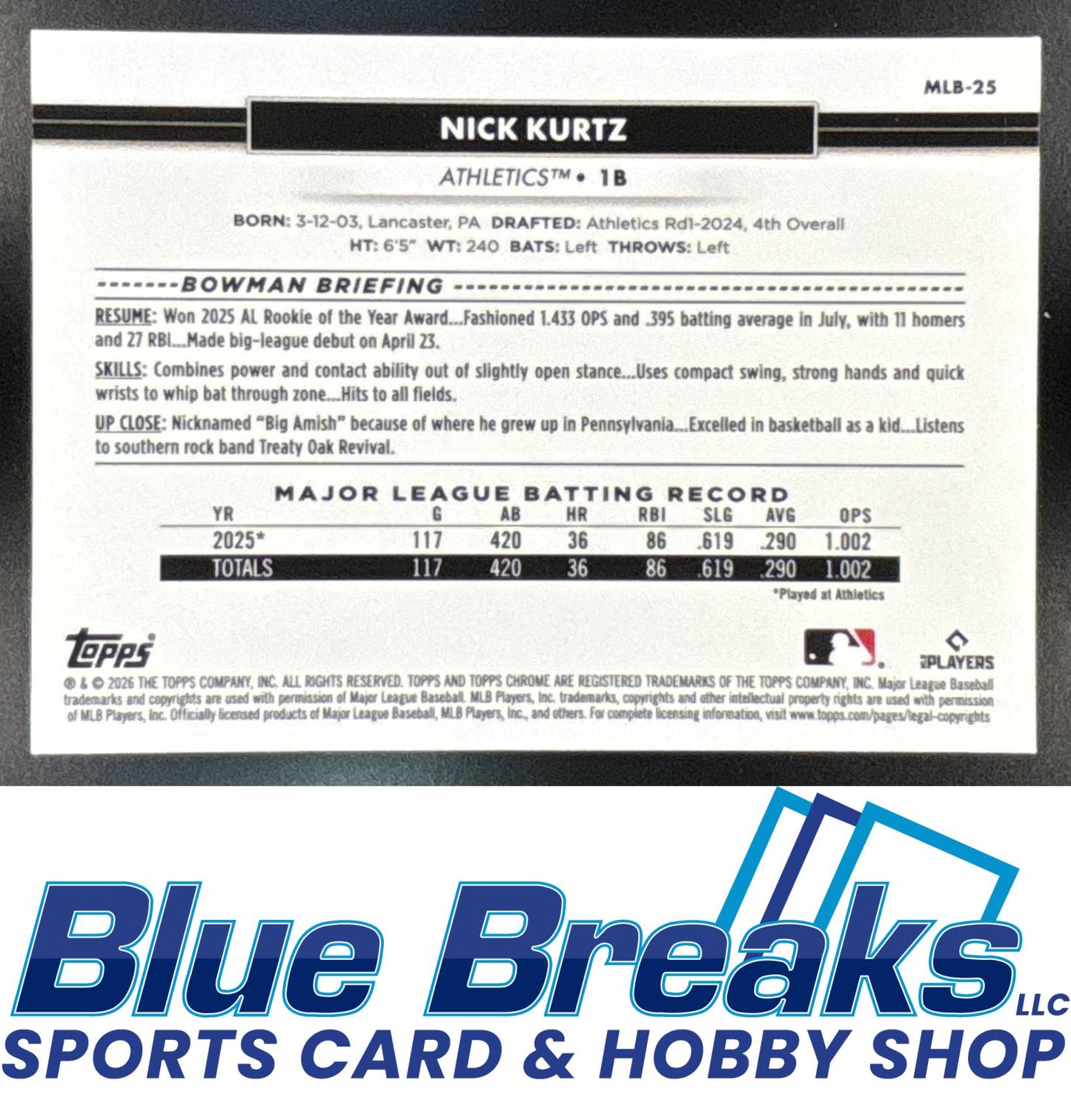 2026 Topps NSCC Collection MLB Veterans & Rookies Nick Kurtz #MLB-25 Okland Athletics