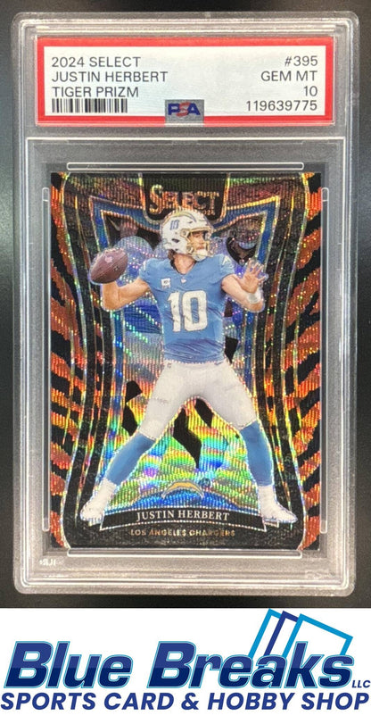 2024 Panini Select Justin Herbert #395 Suite Tiger Prizm PSA 10 Los Angeles Chargers