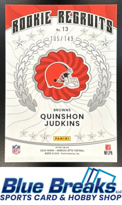 2025 Panini Donruss Optic Quinshon Judkins #13 Rookie Recruits Black Pandora Prizm 105/149 RC Browns