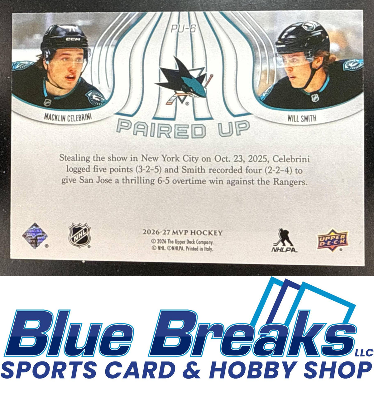 2026 Upper Deck MVP Will Smith Macklin Celebrini #PU-6 Paired Up San Jose Sharks