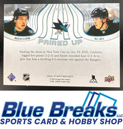 2026 Upper Deck MVP Will Smith Macklin Celebrini #PU-6 Paired Up San Jose Sharks