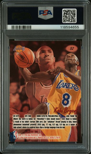 1996 Fleer Ultra - Rookie - Kobe Bryant - #52 - PSA 8 - basketball - Lakers