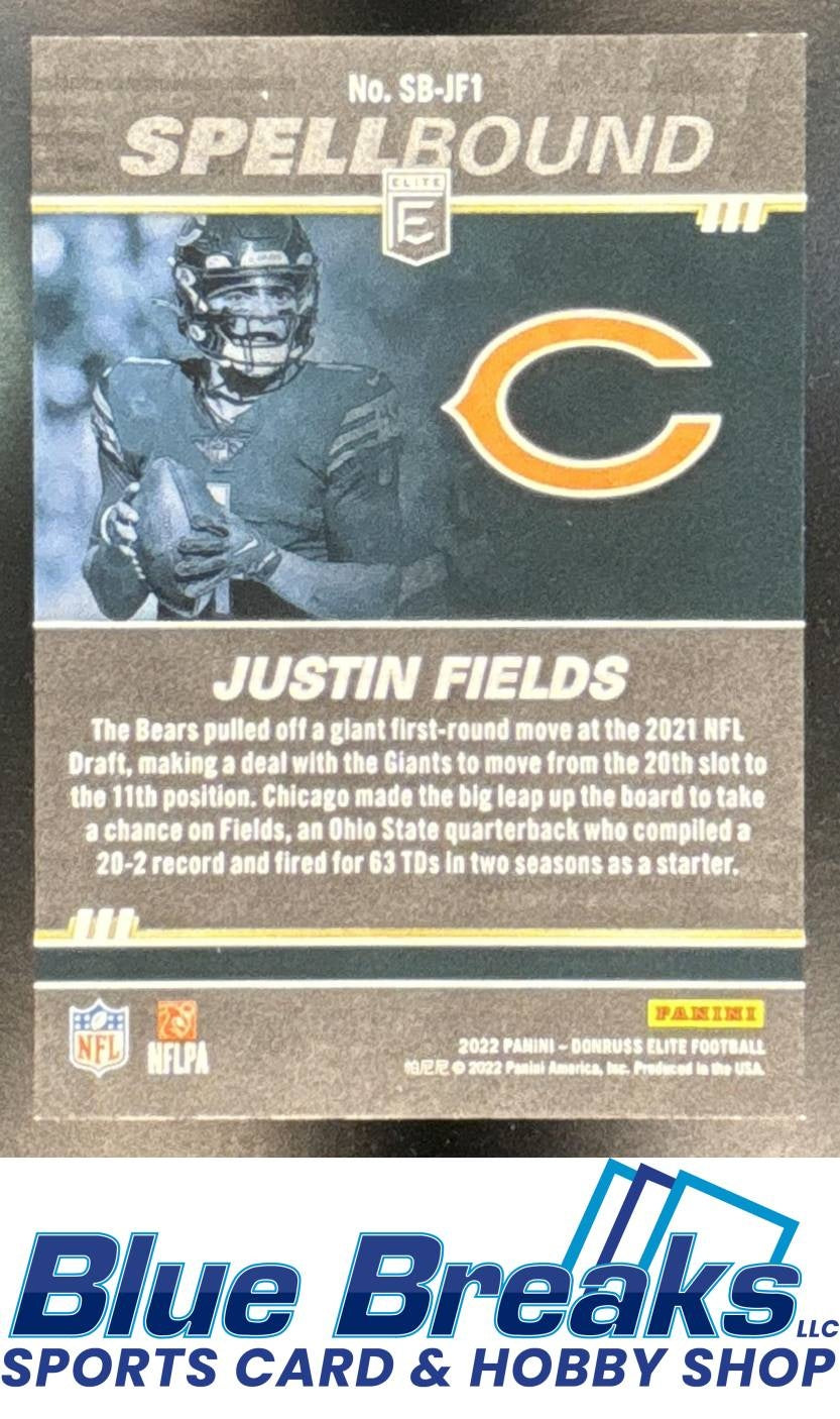 2022 Panini Donruss Elite Justin Fields #SB-JF1 Spellbound Blue 06/10 Chicago Bears