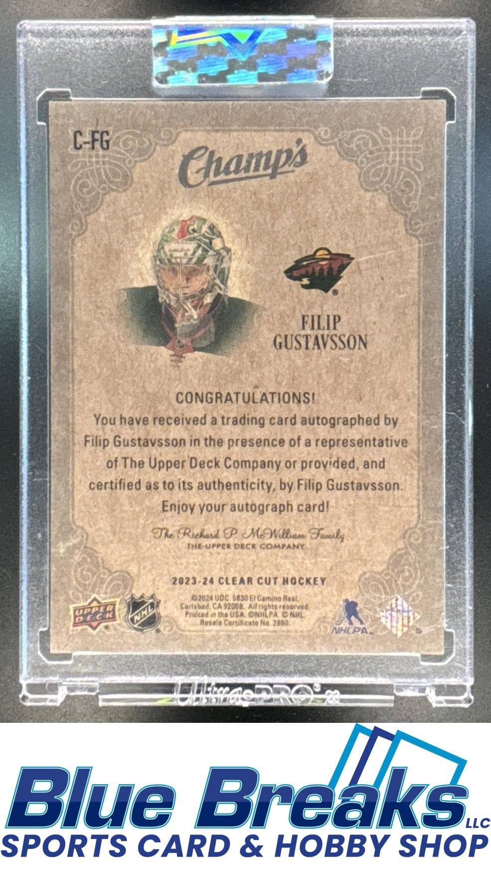 2023 Upper Deck Clear Cut Filip Gustavsson #C-FG Champs Autos Auto