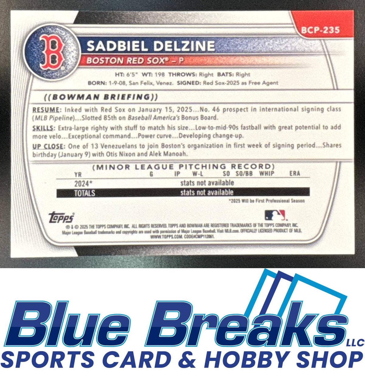 2025 Bowman Chrome Sadbiel Delzine #BCP-235 Green Geometric Refractor 28/99 1st Prospect Boston Red Sox