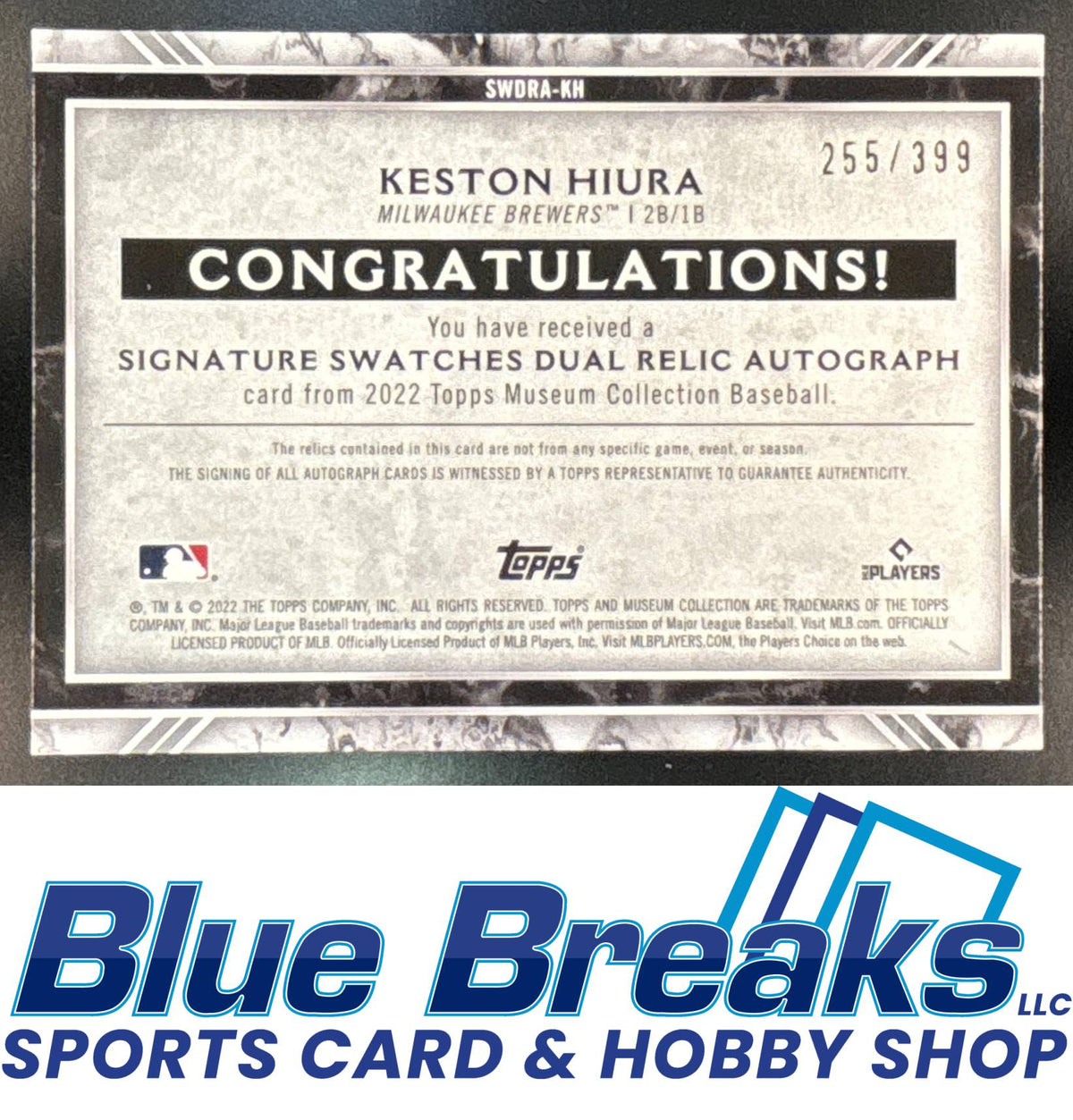 2022 Topps Museum Collection Keston Hiura #SWDRA-KH Single-Player Signature Swatches Dual Relic Auto 255/399 Milwaukee Brewers