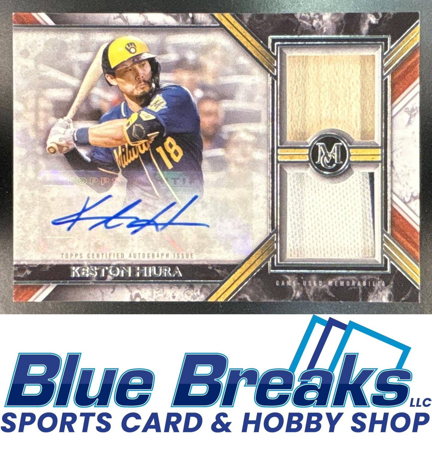 2022 Topps Museum Collection Keston Hiura #SWDRA-KH Single-Player Signature Swatches Dual Relic Auto 255/399 Milwaukee Brewers