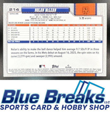 2026 Topps Series 1 Nolan McLean #214 Holiday Polka Dots Green/Pink RC New York Mets