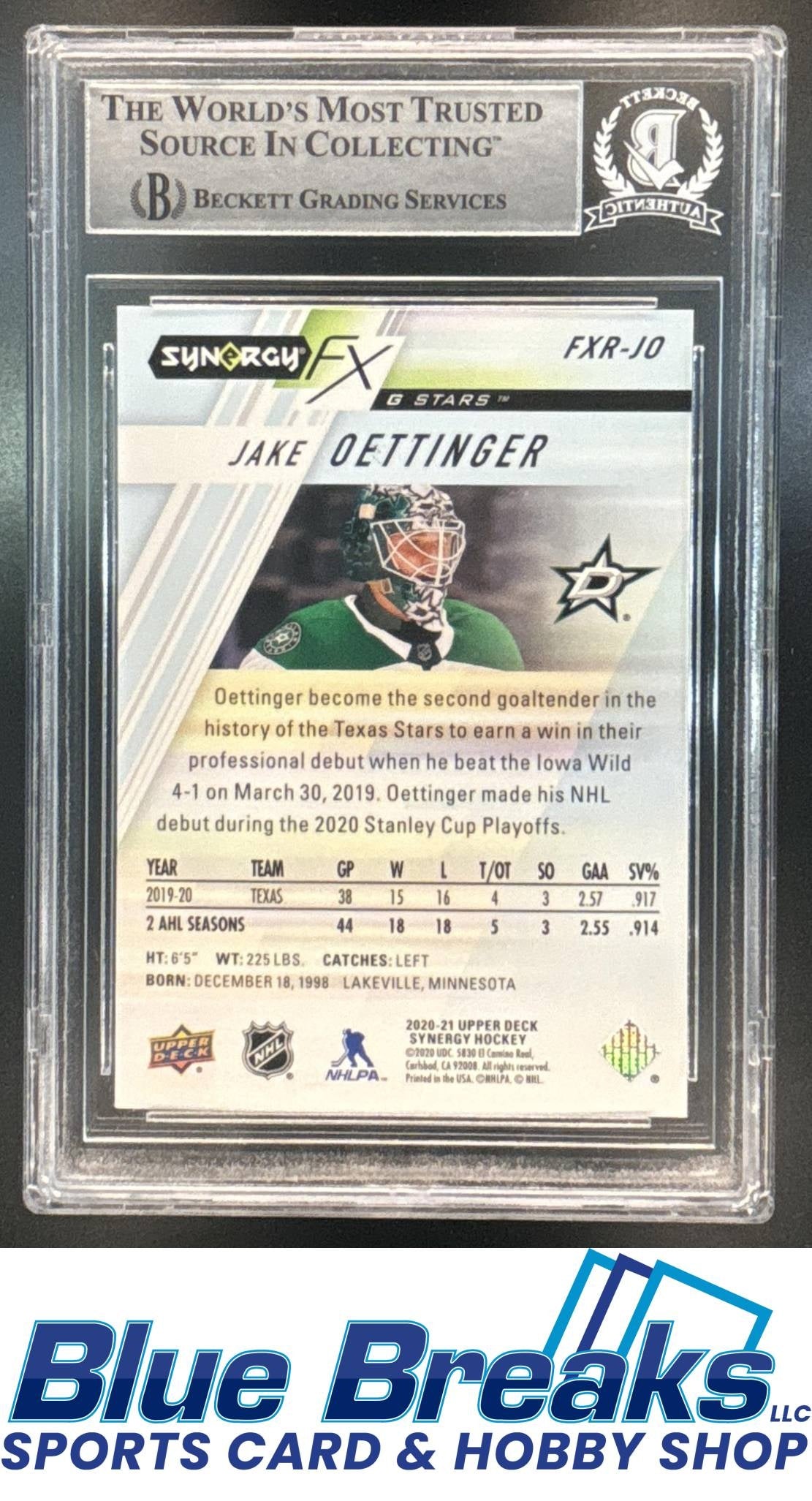 2020-21 Synergy FX Rookies Jake Oettinger 291/749 #FXR-JO Beckett Authentic Auto Texas Stars
