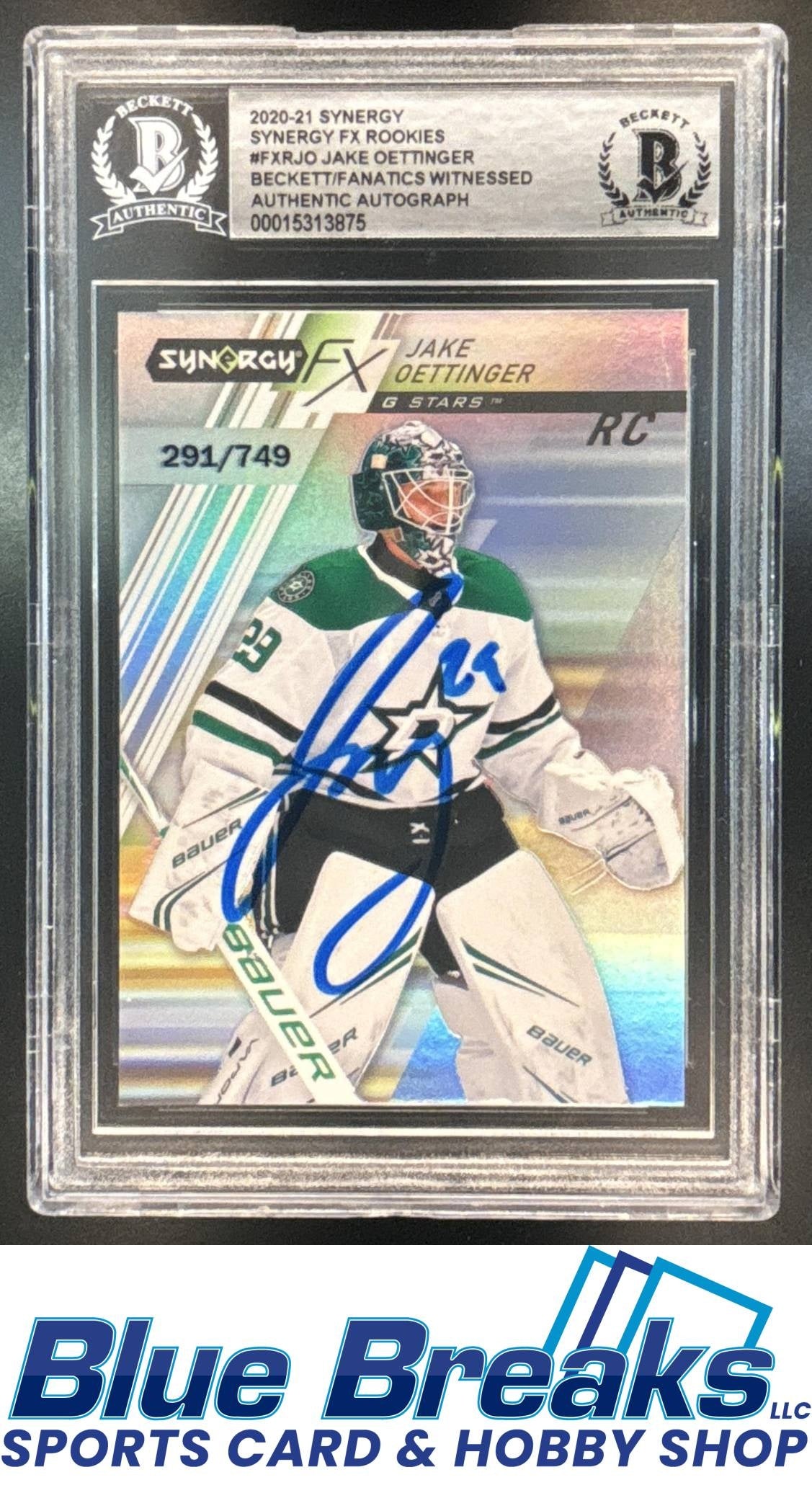 2020-21 Synergy FX Rookies Jake Oettinger 291/749 #FXR-JO Beckett Authentic Auto Texas Stars