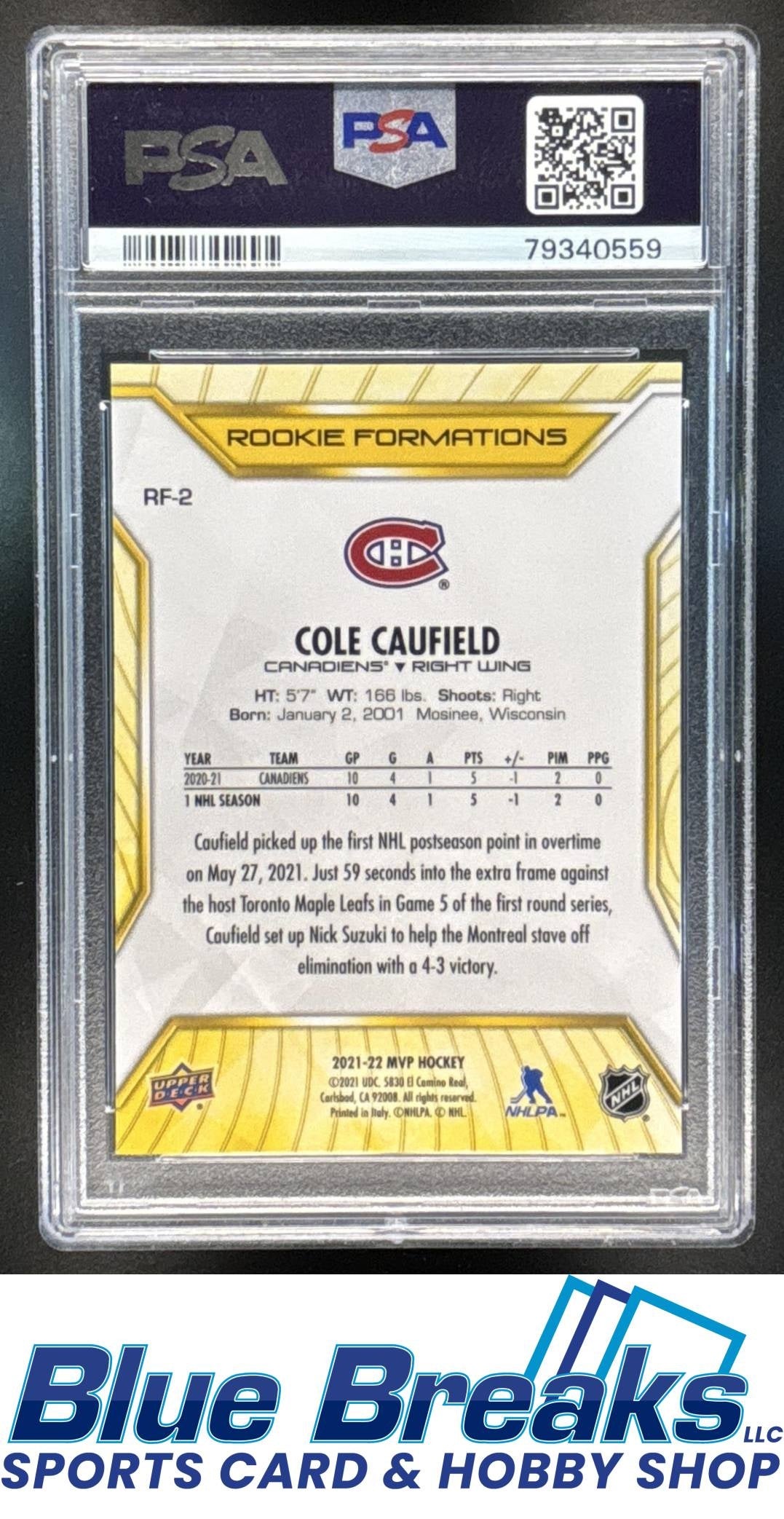 2021 Upper Deck MVP Rookie Formations Cole Caufield PSA 10 #RF-2 Ice Hockey Canadiens