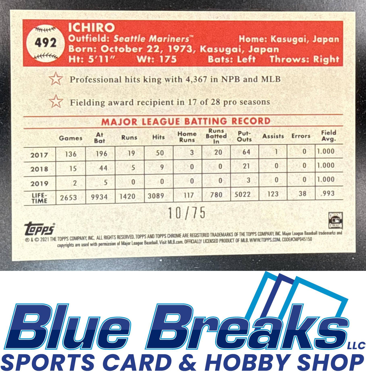 2021 Topps Chrome Platinum Anniversary Ichiro #492 Rose Gold Mini Diamond Refractor 10/75 Seattle Mariners