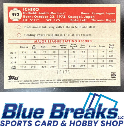 2021 Topps Chrome Platinum Anniversary Ichiro #492 Rose Gold Mini Diamond Refractor 10/75 Seattle Mariners