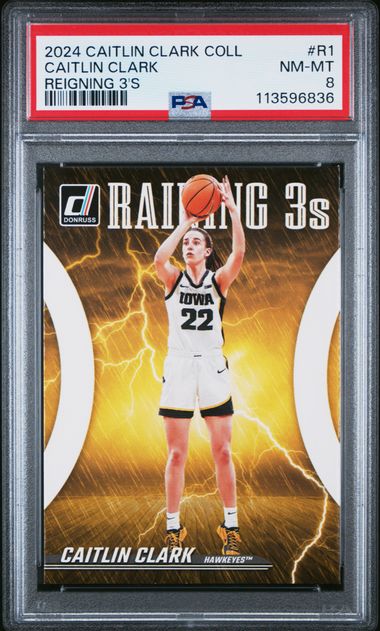 2024 Panini - Donruss - Caitlin Clark Collection - Reigning 3's - Caitlin Clark - #R1 - PSA 8 - basketball - Hawkeyes - Fever