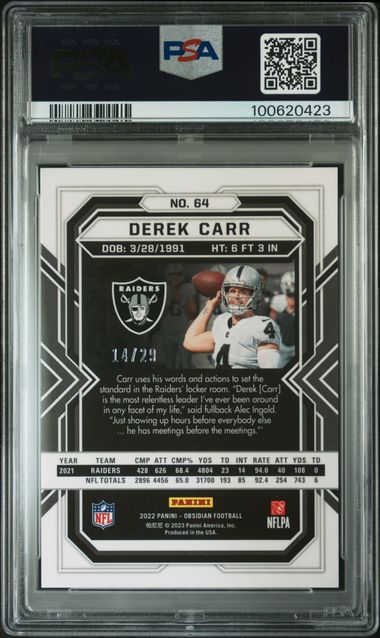 2022 Panini - Obsidian - Electric Etch Red Flood - Derek Carr - 14/29 - #64 - PSA 10 - football - Raiders