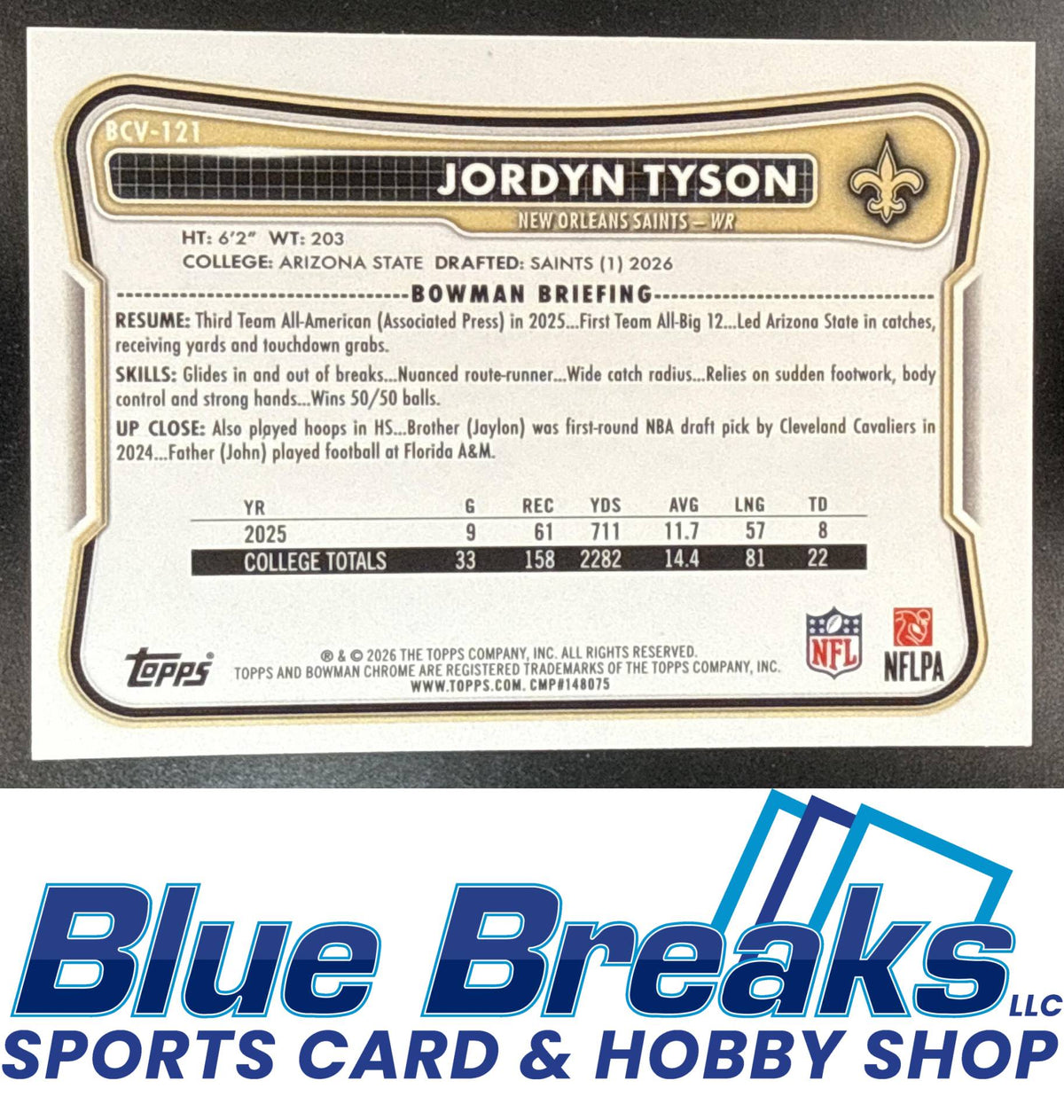 2026 Bowman Jordyn Tyson #BCV-121 Chrome NFL Speckle Refractor RC New Orleans Saints