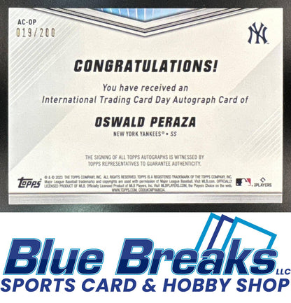 2023 Topps International Trading Card Day Oswald Peraza #AC-OP Auto 019/200 New York Yankees