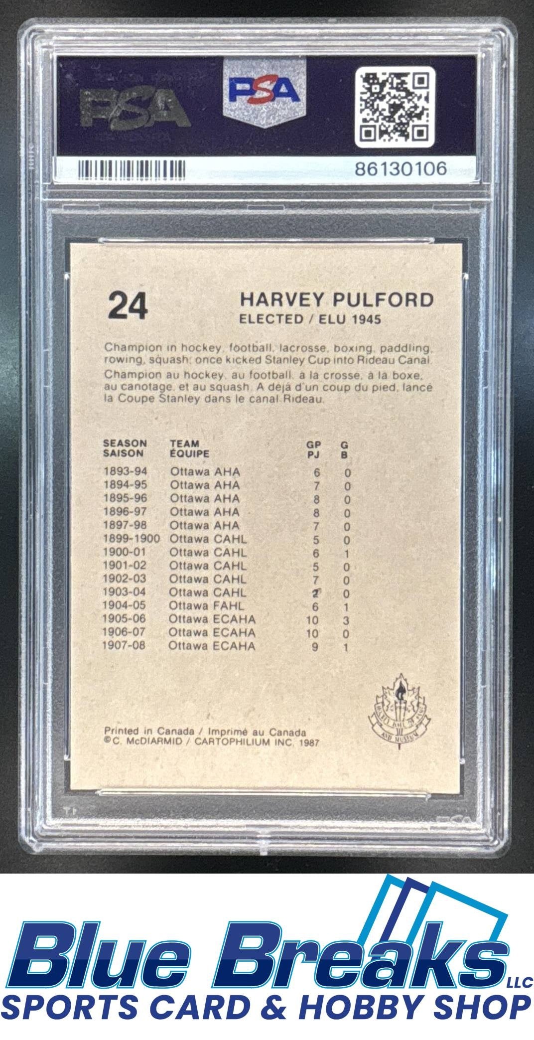 1985-87 Hall of Fame Harvey Pulford #24 PSA 9 Ottawa Hockey Club