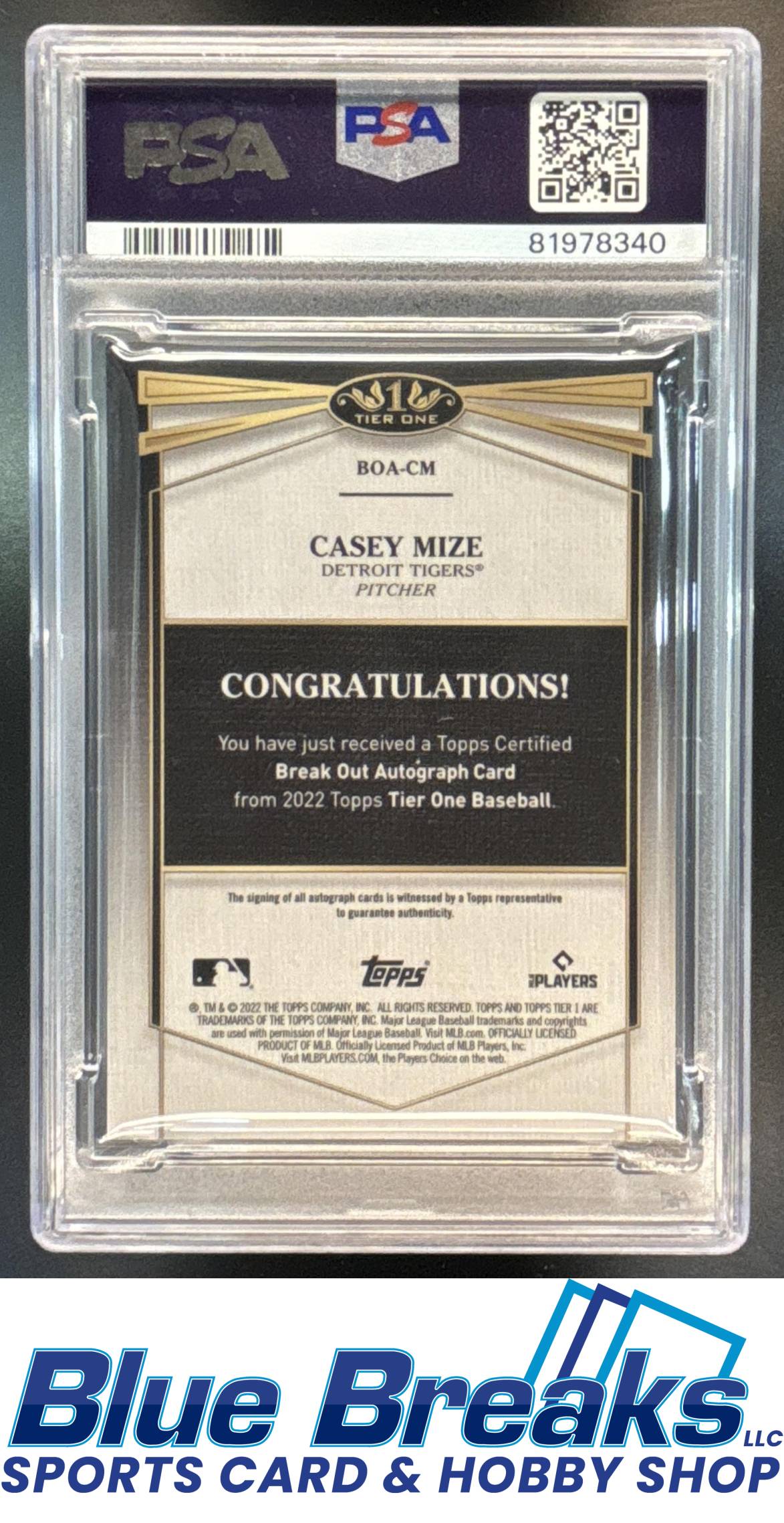 2022 Topps Tier One Casey Mize #BOA-CM Break Out Auto Bronze Ink 22/25 PSA 10 Detroit Tigers