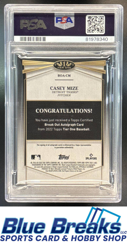 2022 Topps Tier One Casey Mize #BOA-CM Break Out Auto Bronze Ink 22/25 PSA 10 Detroit Tigers