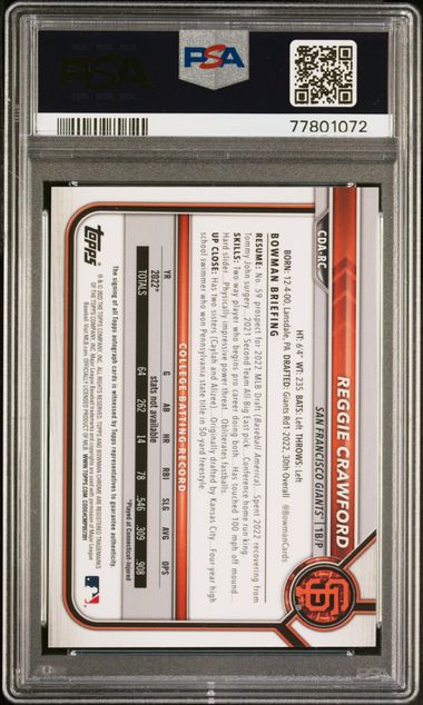 2022 Bowman Draft - 1st Bowman - Chrome Draft - purple refractor - Reggie Crawford - 026/250 - #CDA-RC - PSA 9 - baseball - Giants