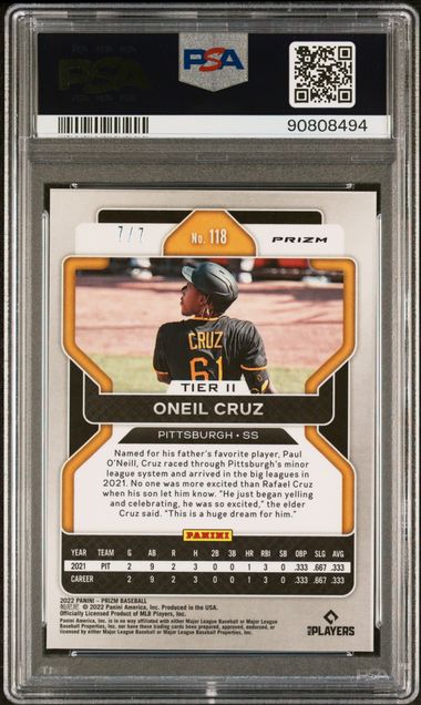 2022 Panini - Prizm - Shimmer Prizm - Oneil Cruz - 7/7 - RC - #118 - PSA 9 - baseball - Pirates