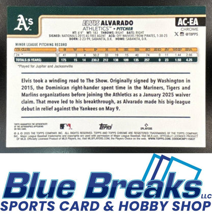 2025 Topps Chrome Update Elvis Alvarado #AC-EA Auto Aqua Wave Refractor 076/199 RC Athletics