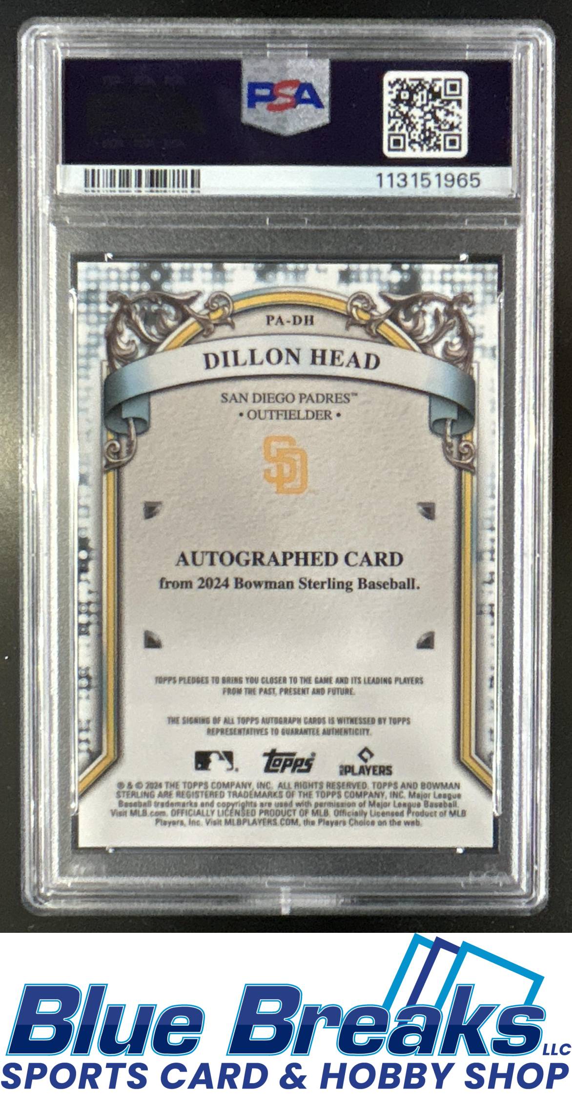 2024 Bowman Sterling Dillon Head #PA-DH Prospect Auto Purple Refractor 079/120 PSA 10 San Diego Padres