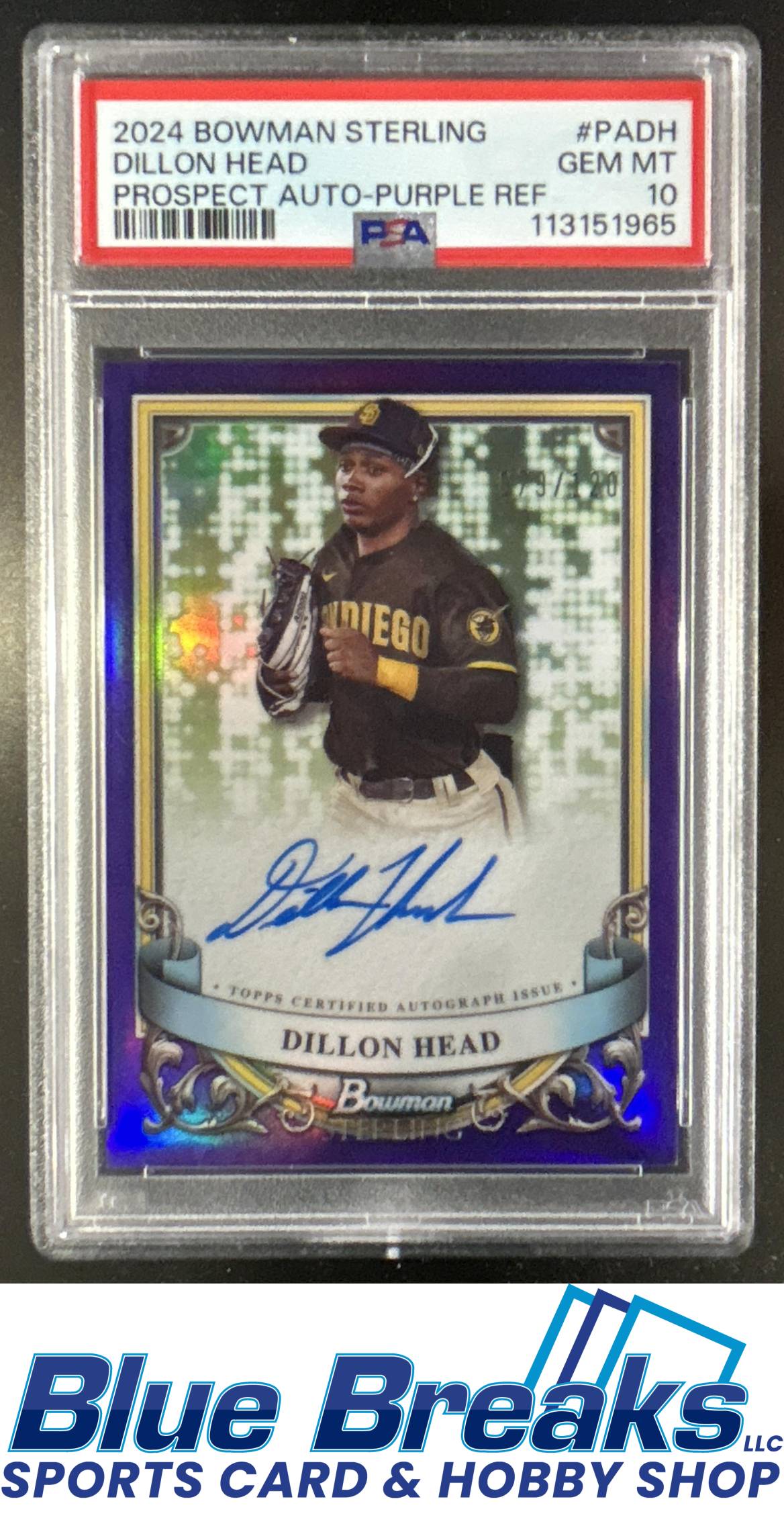 2024 Bowman Sterling Dillon Head #PA-DH Prospect Auto Purple Refractor 079/120 PSA 10 San Diego Padres