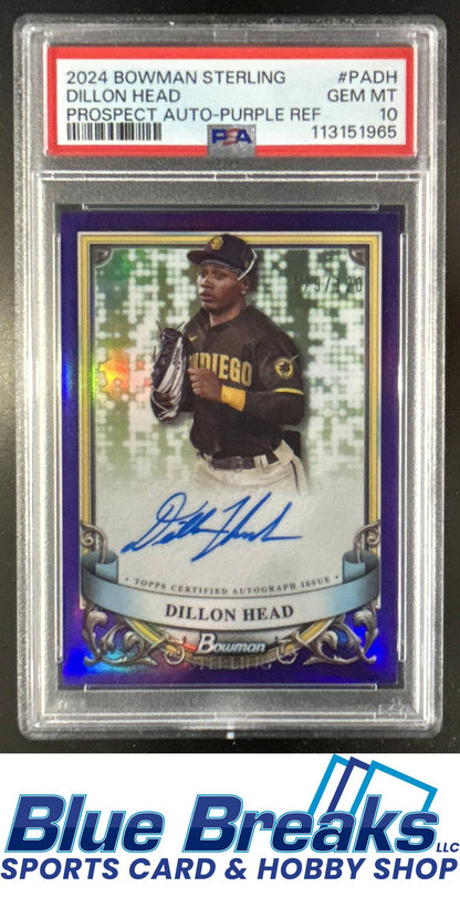 2024 Bowman Sterling Dillon Head #PA-DH Prospect Auto Purple Refractor 079/120 PSA 10 San Diego Padres
