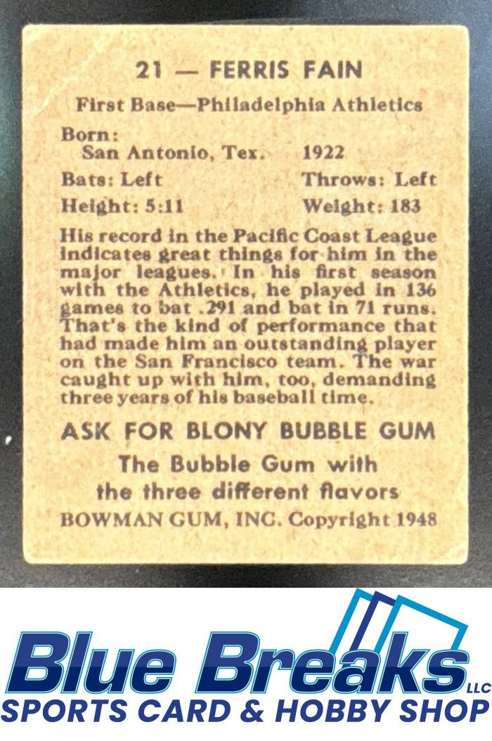 1948 Bowman Ferris Fain Rookie #21b Athletics