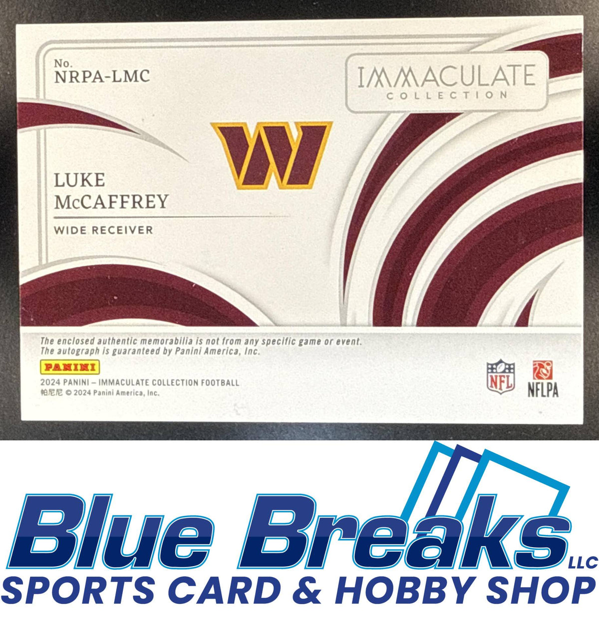 2024 Panini Immaculate Luke McCaffrey #NRPA-LMC Numbers Rookie Patch Auto 08/99 Washington Commanders