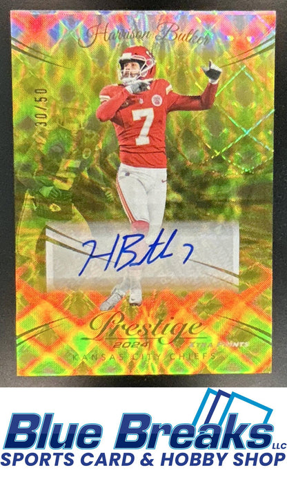 2024 Panini Prestige Harrison Butker #151 Xtra Points Signatures Premium Gold 30/50 Auto Kansas City Chiefs