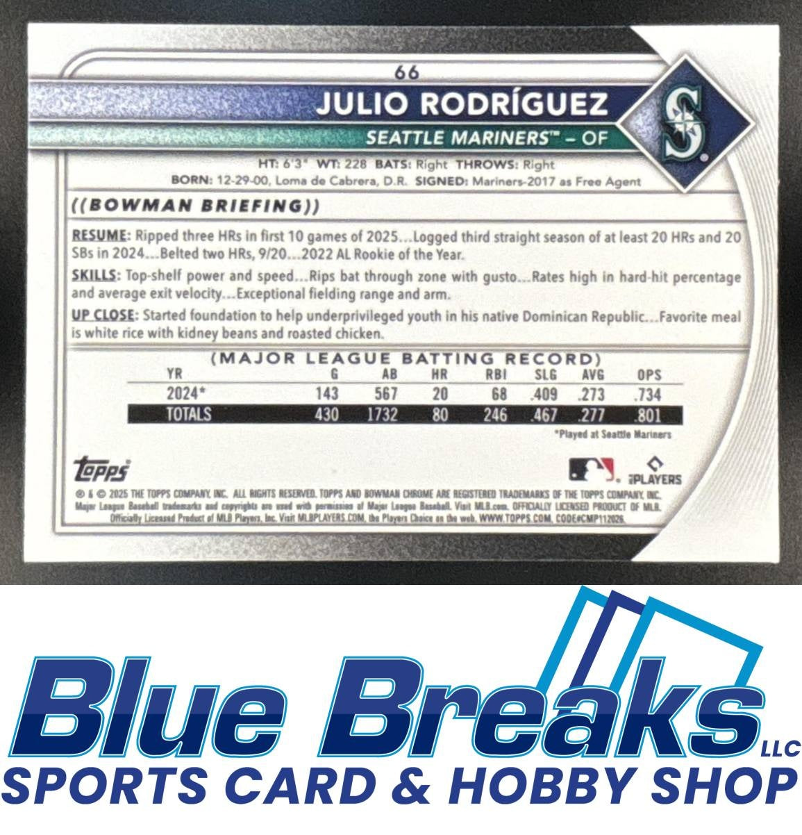 2025 Bowman Chrome Blue Refractor Julio Rodriguez 22/150 #66 baseball Mariners
