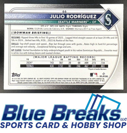 2025 Bowman Chrome Blue Refractor Julio Rodriguez 22/150 #66 baseball Mariners