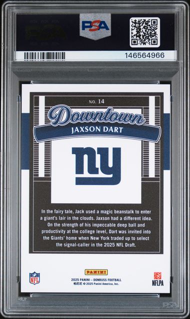 2025 Panini Donruss - Downtown! - Jaxson Dart - RC - #14 - PSA 10 - football - Giants - drop