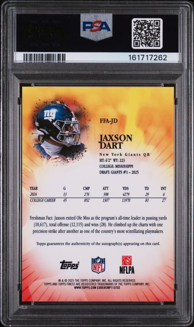 2025 Topps Finest - Finest Freshman - blue geometric - Jaxson Dart - auto - 24/99 - RC - #FFA-JD - PSA 9 - football - Giants - drop