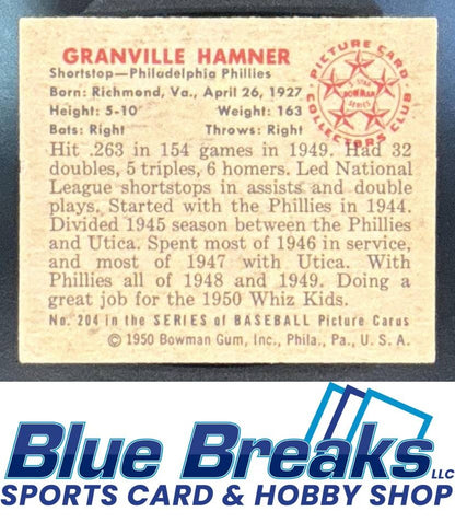 1950 Bowman Granville Hamner #204 Phillies