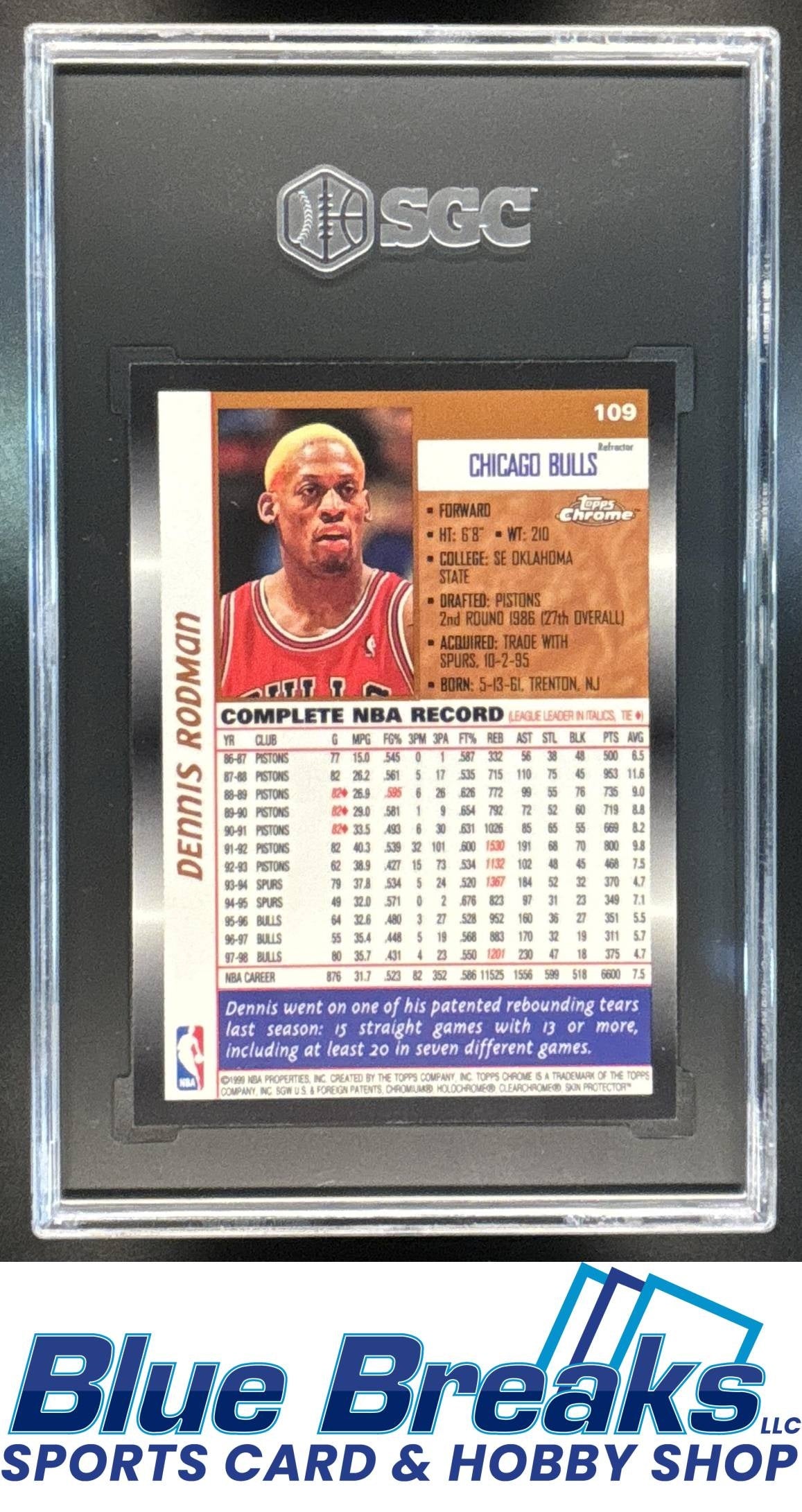1998-99 Topps Chrome Refractor Dennis Rodman [RC] #109 SGC 9 Bulls