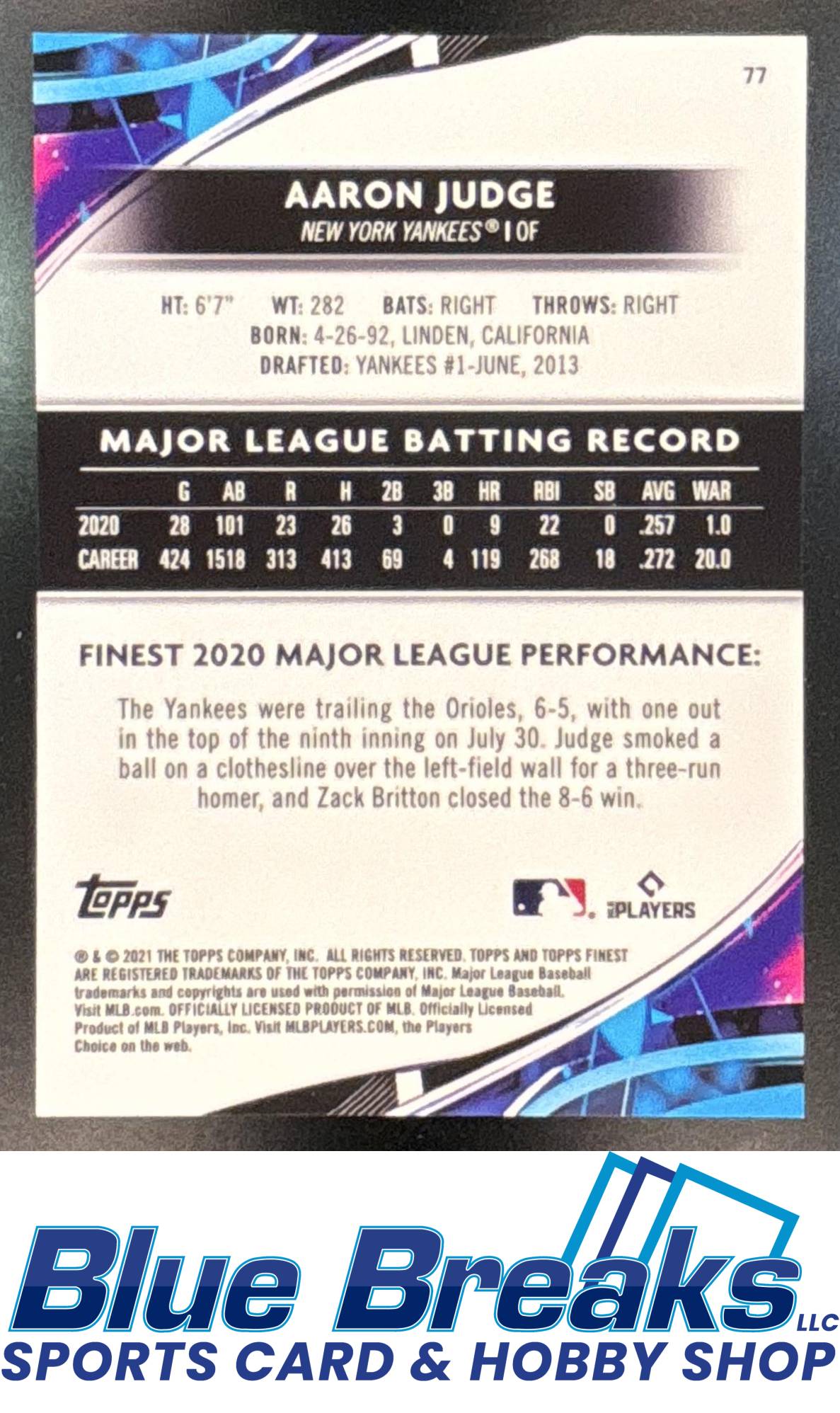 2021 Topps Finest Purple Refractor Aaron Judge 053/250 #77 New York Yankees