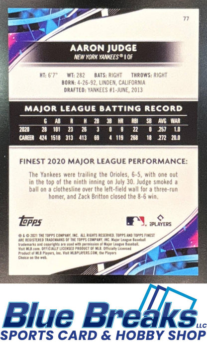 2021 Topps Finest Purple Refractor Aaron Judge 053/250 #77 New York Yankees