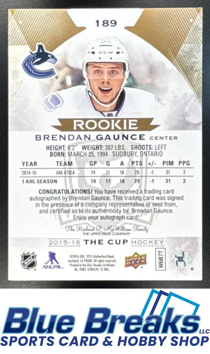 2015 Upper Deck The Cup Brendan Gaunce #189 Gold Spectrum Foil 29/36 Auto RC