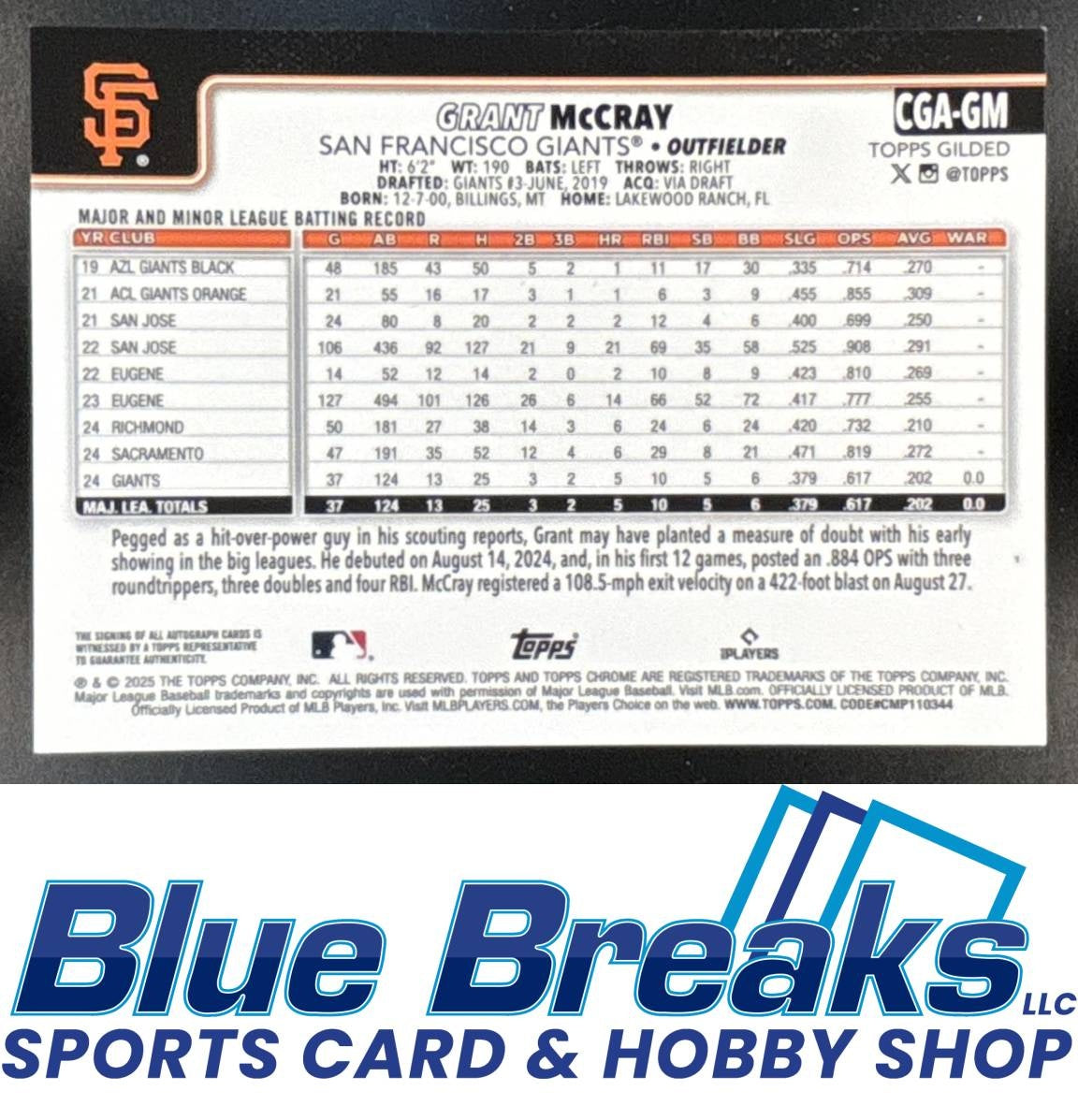 2025 Topps Gilded Collection Grant McCray #CGA-GM Chrome Gold Auto Yellow/Gold Refractor 08/75 RC San Francisco Giants