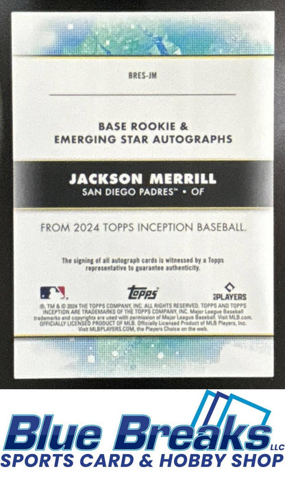 2024 Topps Inception Jackson Merrill #BRES-JM Rookies and Emerging Star Auto Green 099/125 Padres