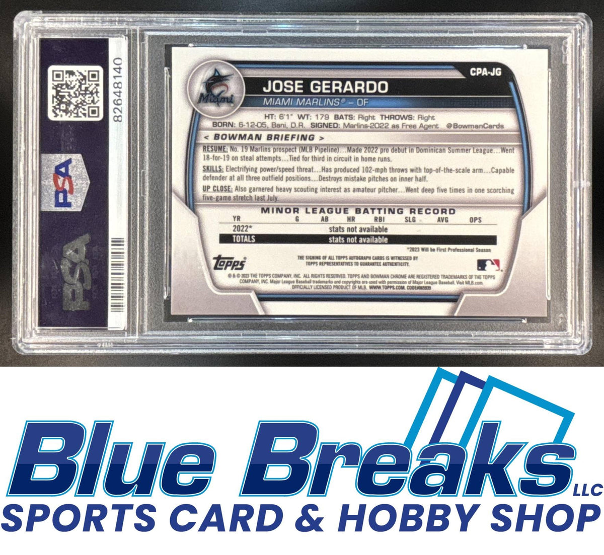 2023 Bowman Chrome Jose Gerardo #CPA-JG Auto Speckle Refractor 91/299 1st Prospect PSA 9 baseball Marlins