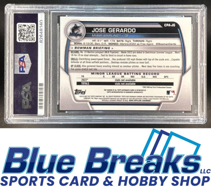 2023 Bowman Chrome Jose Gerardo #CPA-JG Auto Speckle Refractor 91/299 1st Prospect PSA 9 baseball Marlins